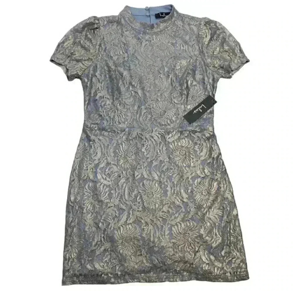 Lulus Size Medium Party of One Slate Blue Gold Metallic Backless Mini Lace Dress - Picture 3 of 12